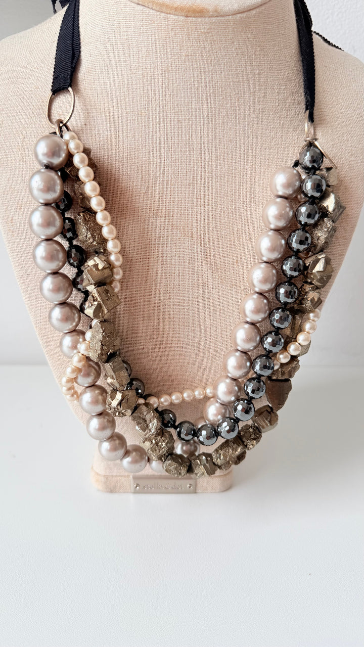 Chan Luu Mixed Media Multistrand Statement Necklace Grey/Black/Pearl