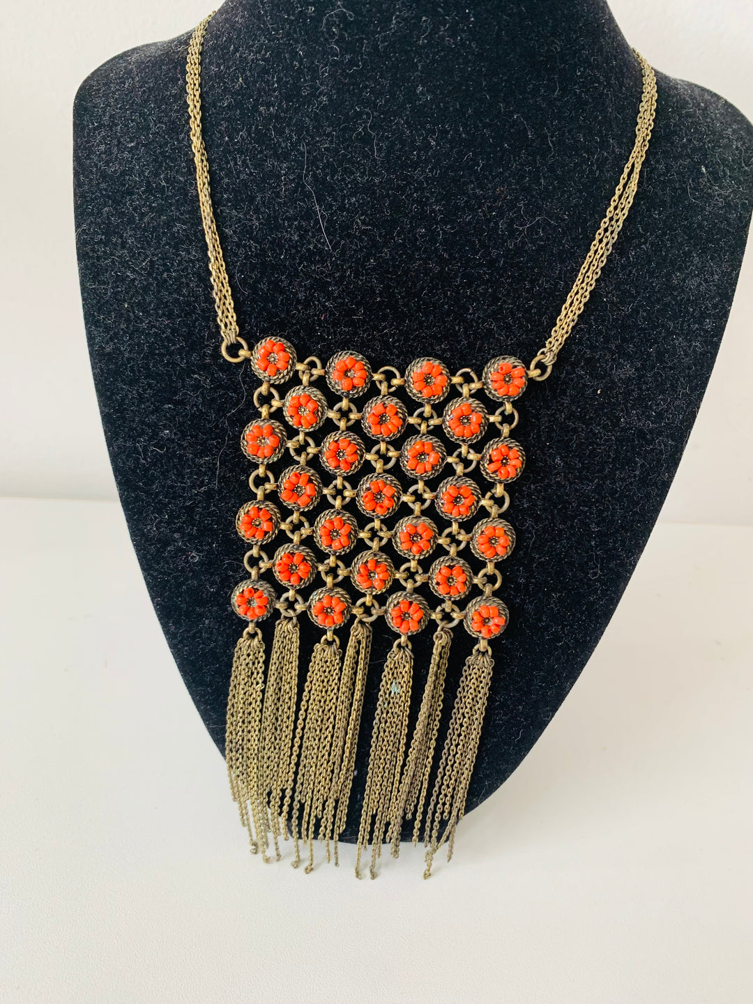 Orange and Gild Tone Fringed Statement Necklace