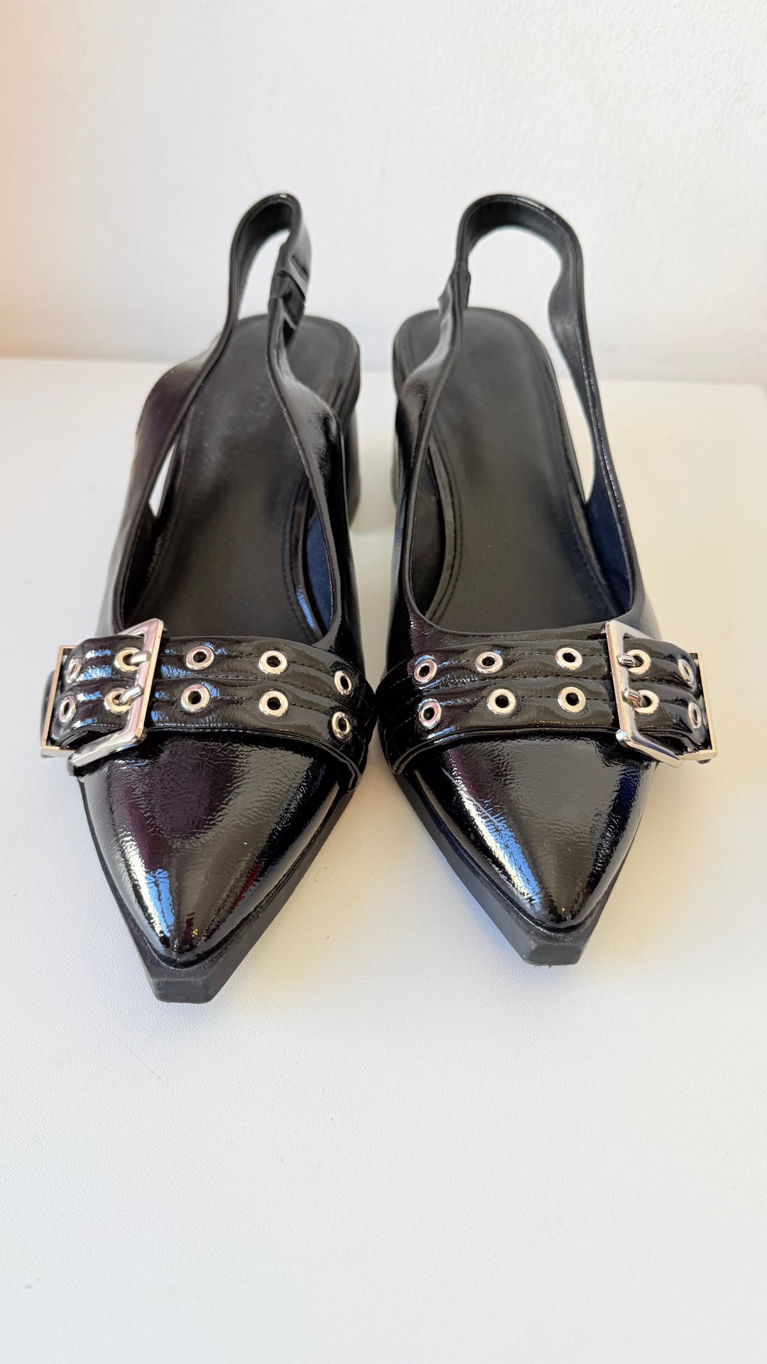 Coutgo Black Patent Sling Back Buckle Detail Block Heel Pumps Size 10