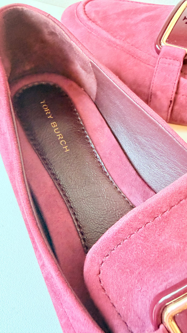 Tory Burch Georgia Suede Loafers Size 8 In Beetle Berry /Gold Hardware