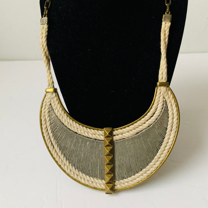 Tory Burch Bibb/Choker Mixed Media Metal Stud Brass Tone & Rope Statement Necklace RARE