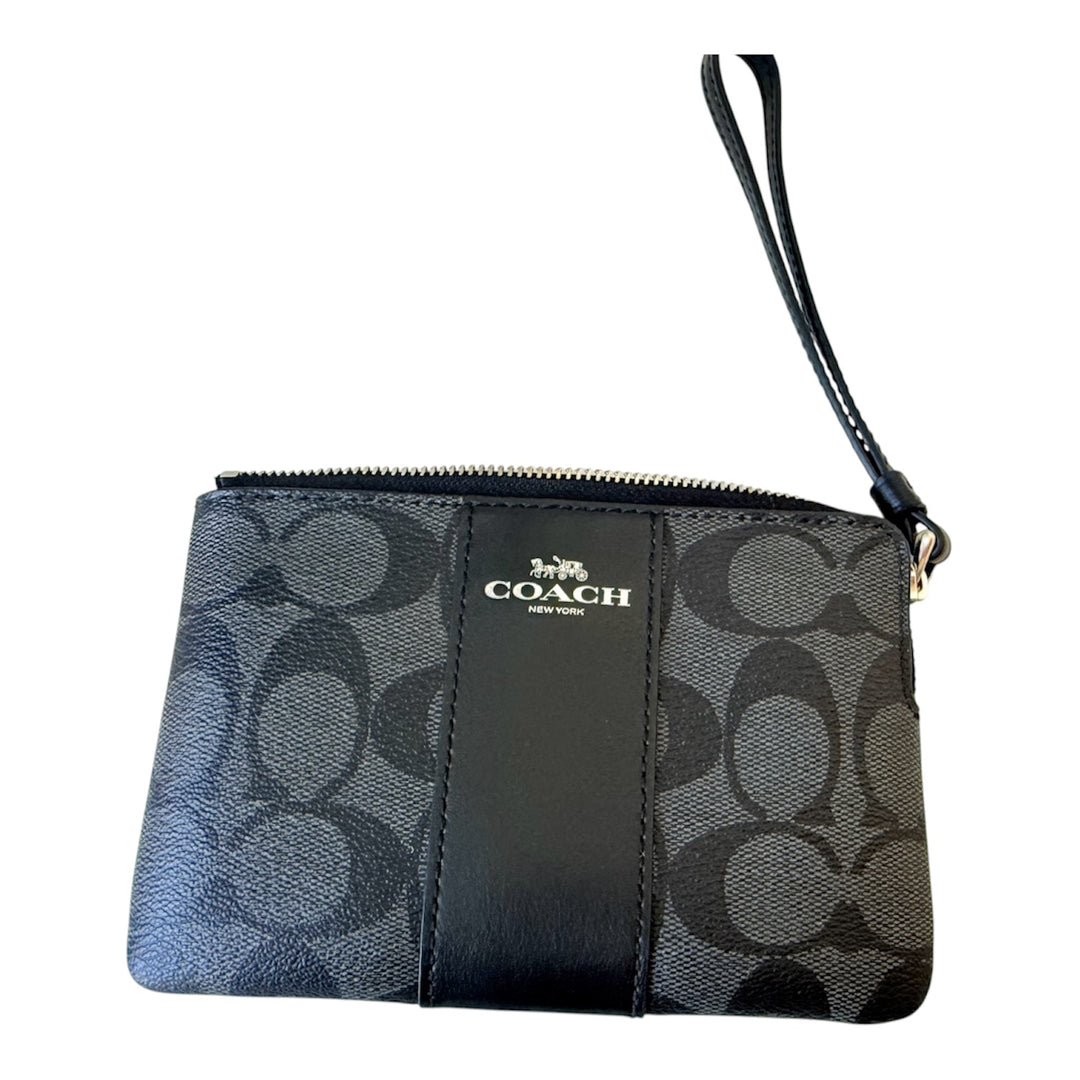 Coach Women’s Signature Canvas Corner Zip Leather In Black/Graphite Mini Wristlet