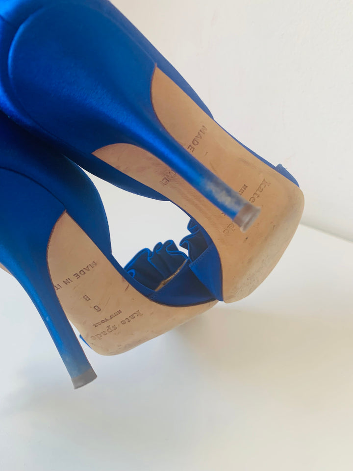 Kate Spade Blue Satin Ruffled Peep Toe Dress Pumps Size 6