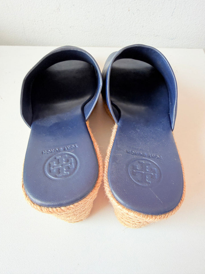 Tory Burch Bima Espadrille Wedge Sandals In Navy Blue Size 8 New