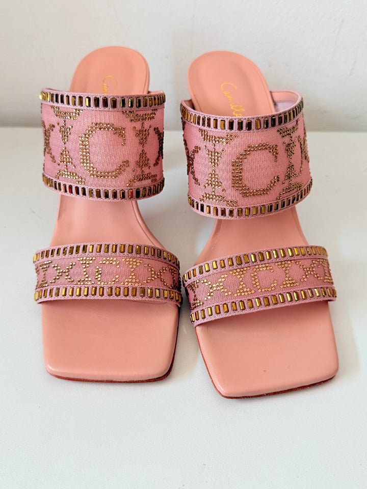 Camilla Alexia Embellished Slim Block Heel Mules In Nude/Pink Size 38