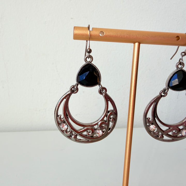 Silver & Black Rhinestone Stone Drop Hoop Pierced Earrings