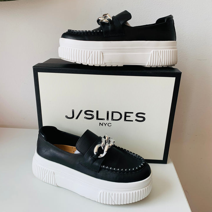 J/Slides Black Leather Willa Slip On Shoes Size 7