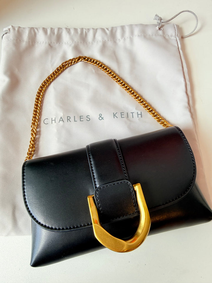 Charles & Keith Gabine Vegan Gold Buckle Black Handbag/Beltbag