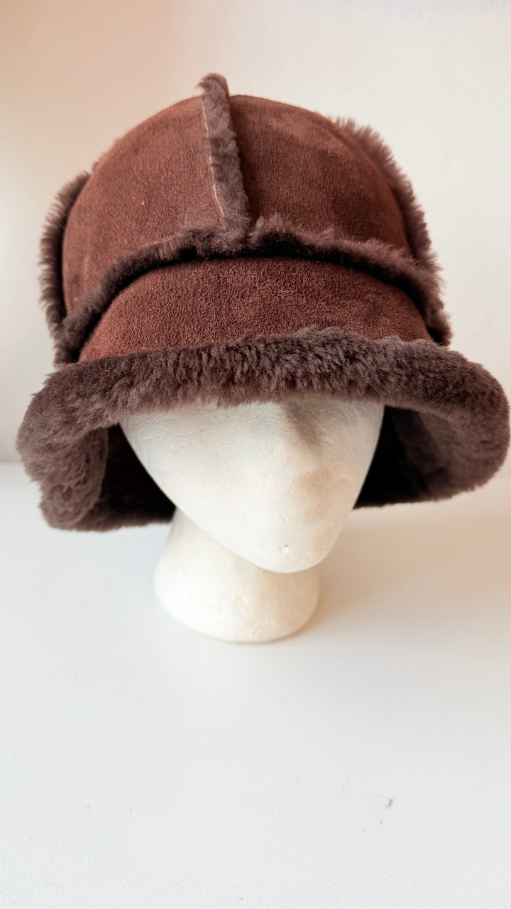UGG Bucket Brown Shearling Sheepskin Upflap Hat One Size