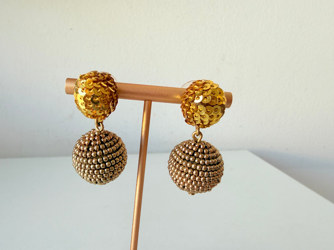 Gold Tone Dangle Earrings With Sequins & Beaded Spherical Ball Drops Pierced