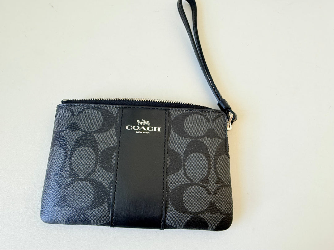 Coach Women’s Signature Canvas Corner Zip Leather In Black/Graphite Mini Wristlet