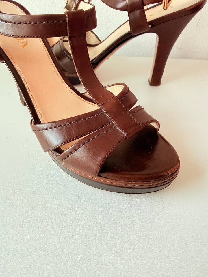 Prada Brown T Strap Platform Leather Heeled Sandals Rare Size 38