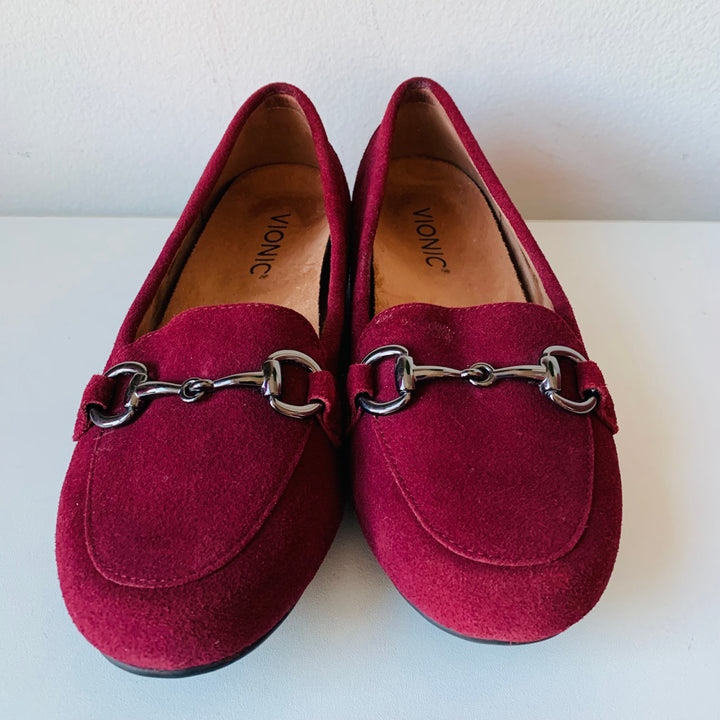 Vionic Bibiana Burgundy Suede Leather Loafers With Horsebit Buckle Size 6