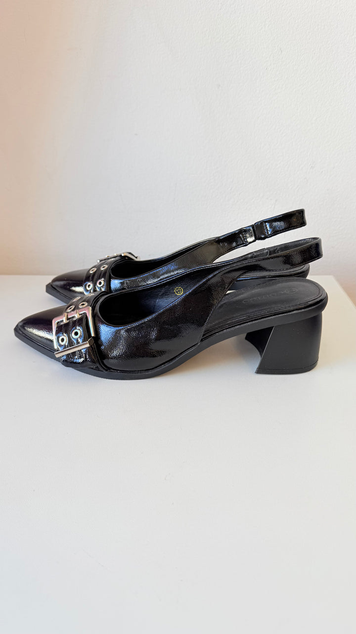 Coutgo Black Patent Sling Back Buckle Detail Block Heel Pumps Size 10