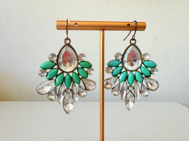 Mint & Gold Statement Pierced Earrings With Clear Rhinestones