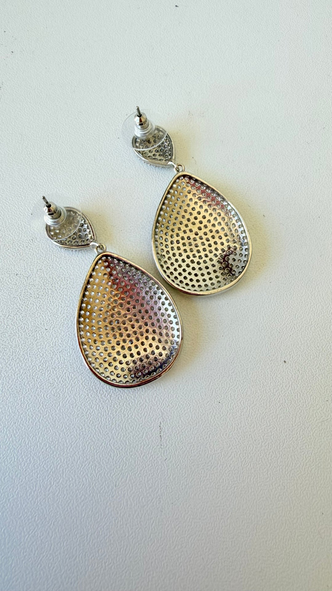 Crystal Rhinestone Pave Double Teardrop Silvertone Pierced Earrings