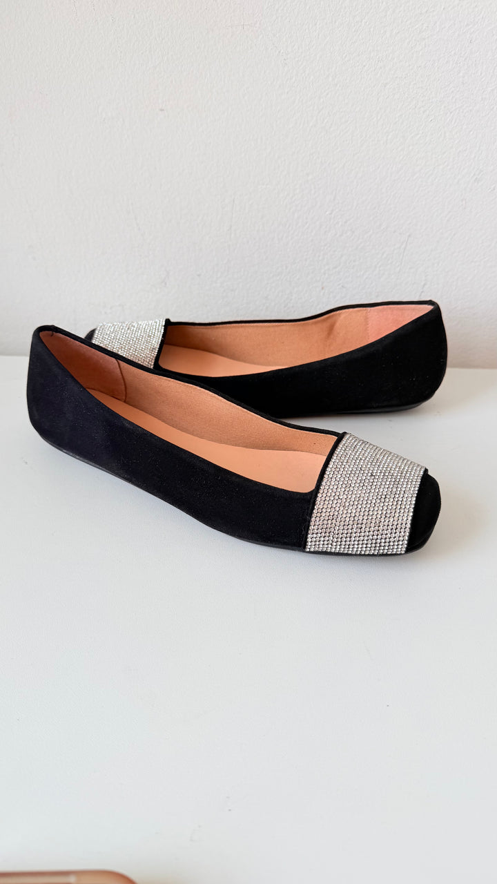 French Sole Via FS/NY Black Rhinestone Square Toe Ballet Flats Size Women’s 7