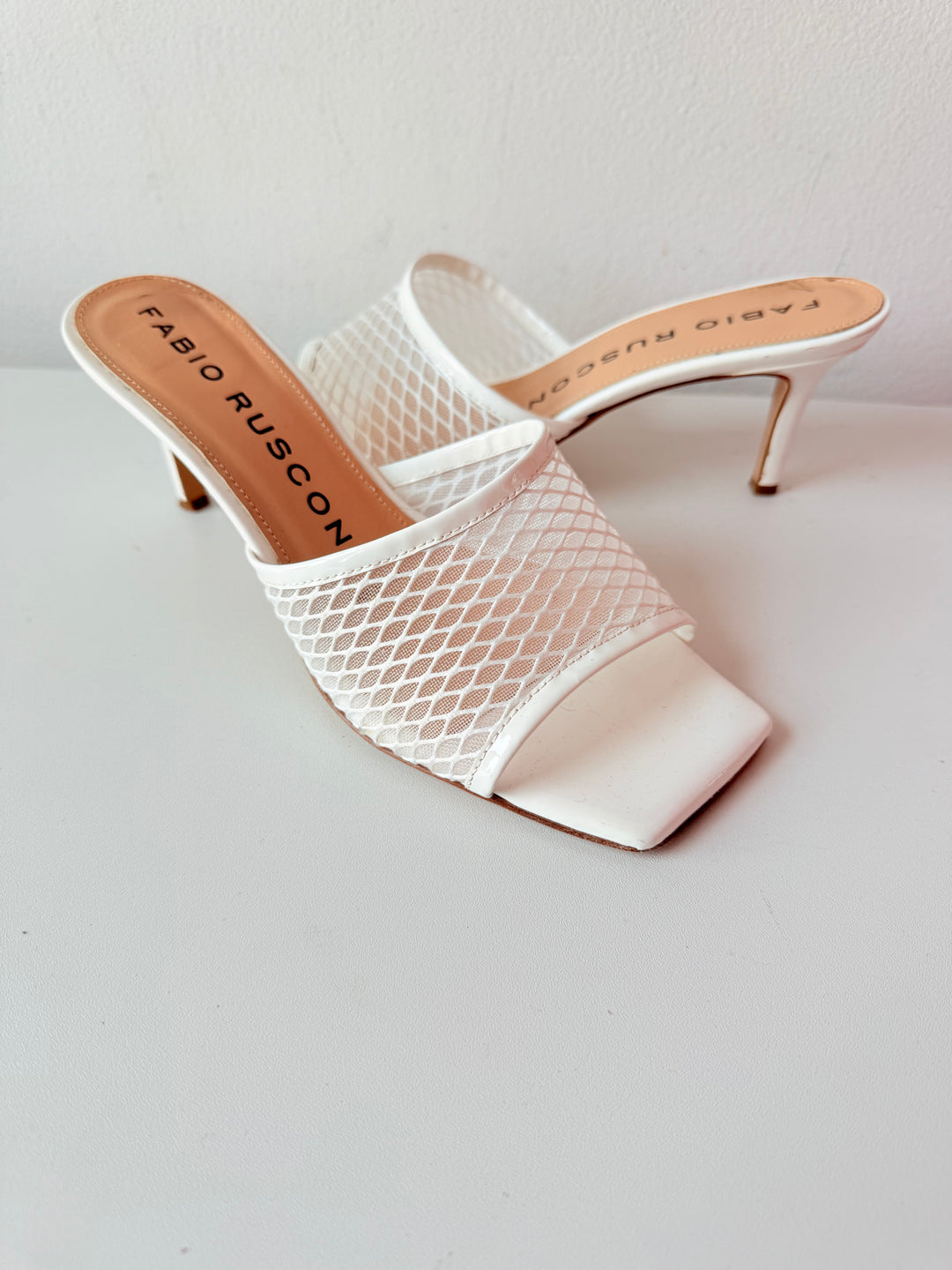 Fabio Rusconi White Mesh Net Heeled Mules Size 38.5