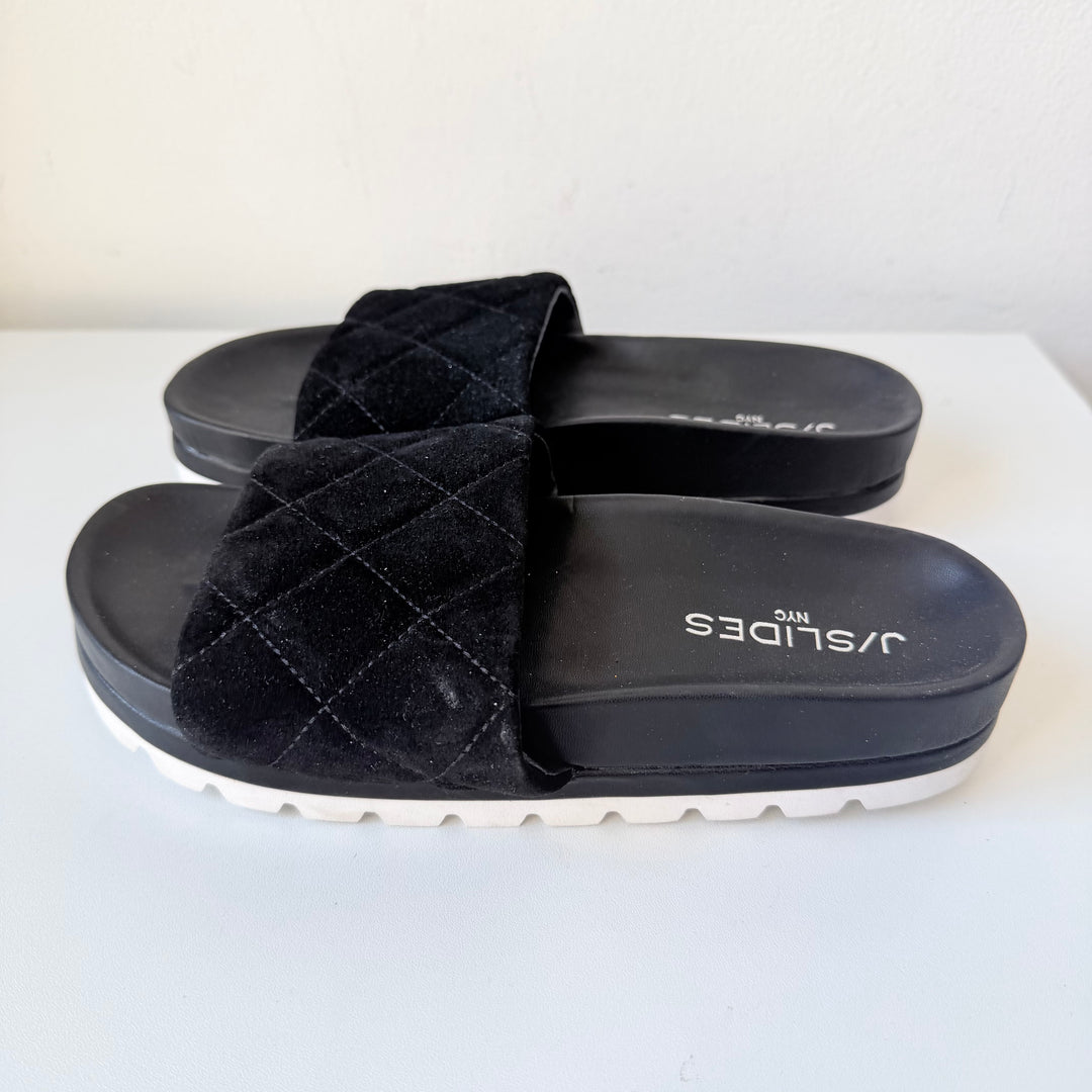 J/Slides NYC Rio Black Quilted Suede Slip On Platfork Sandals Size 6.5 New