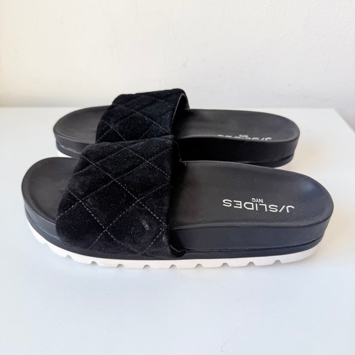 J/Slides NYC Rio Black Quilted Suede Slip On Platfork Sandals Size 6.5 New