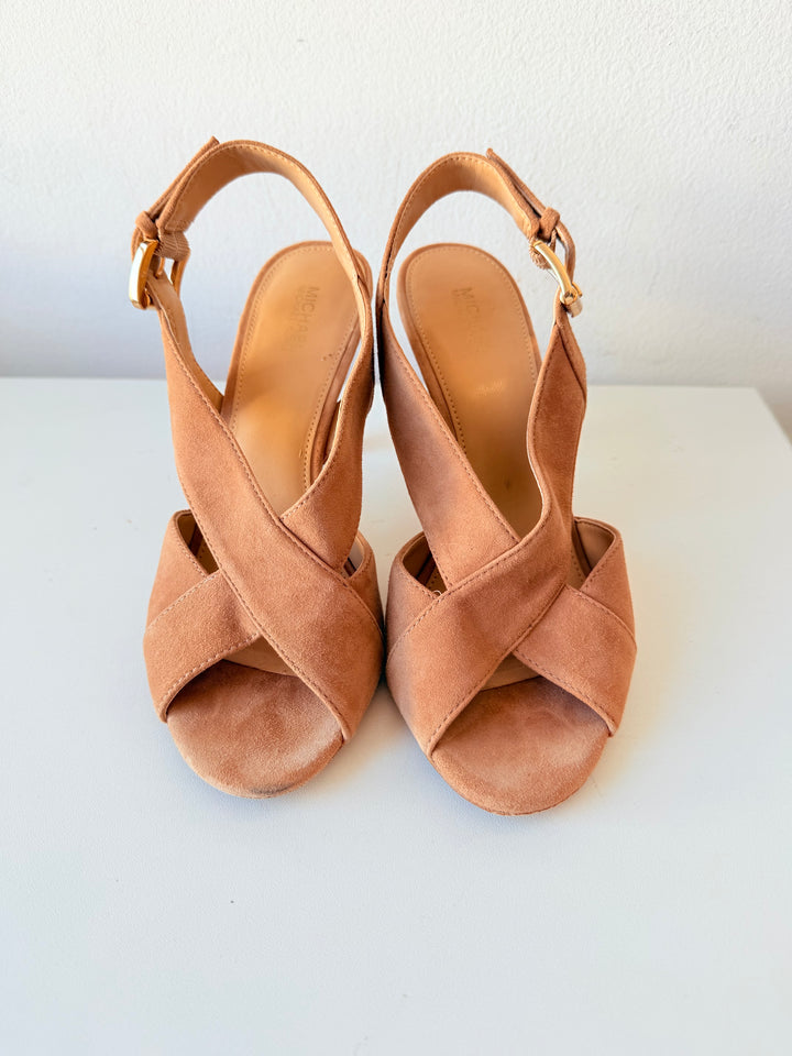 Michael Michael Kors Becky Suede Strappy Heeled Dark Khaki Sandals Size 7.5