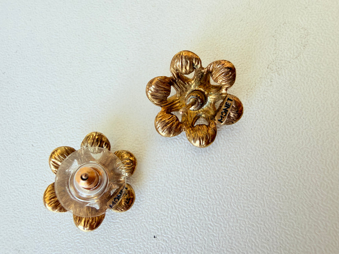 Vintage Monet Gold & Rhinestone Pierced Earrings