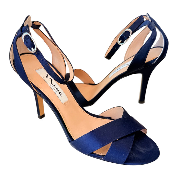 Nina Venus New Navy Satin Luster High Heel Ankle Strap Sandals Size 7M Women’s