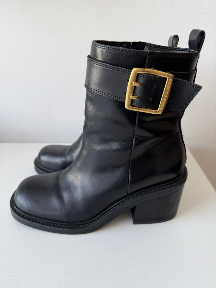 Vince Camuto Bembonie Stacked Leather Heel Bootie In Black Size 8.5 Women’s