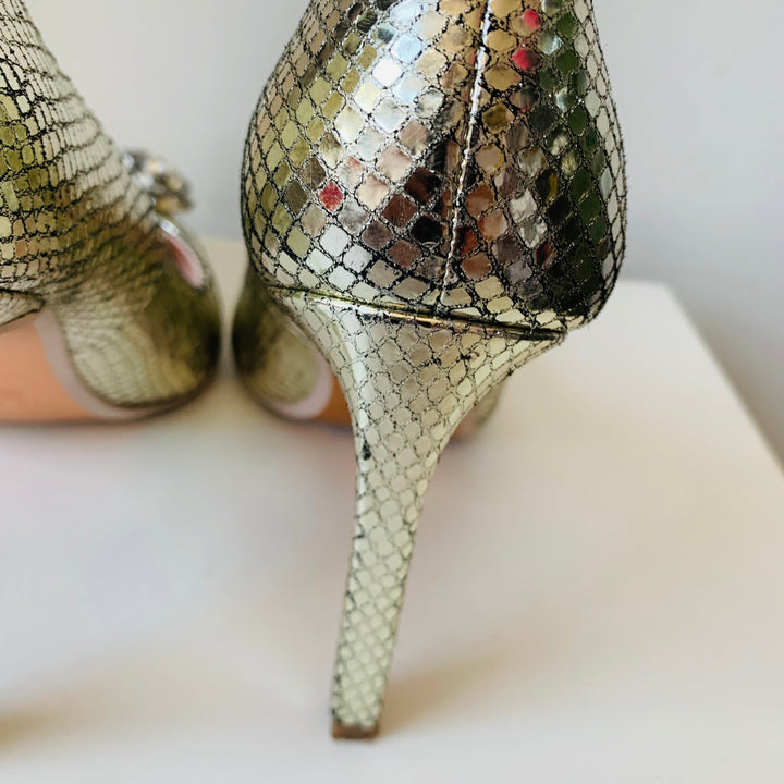 Ted Baker Elannam Crystal Embellished Pump In Gold Metallic Snakeskin Size 7.5