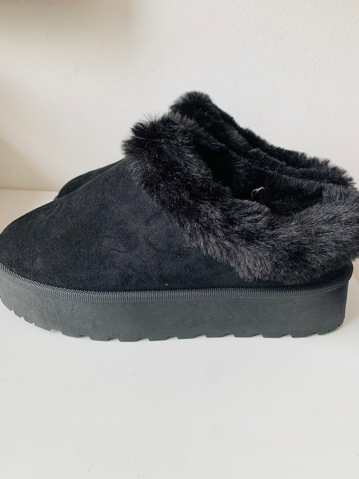 Black Suede and Faux Fur Platform Mules Size 10