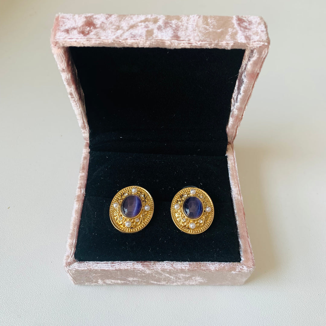 Blue And Pearl Gold Tone Pierced Earrings