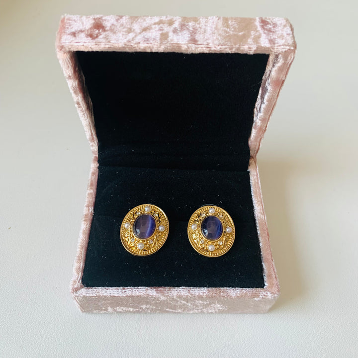 Blue And Pearl Gold Tone Pierced Earrings