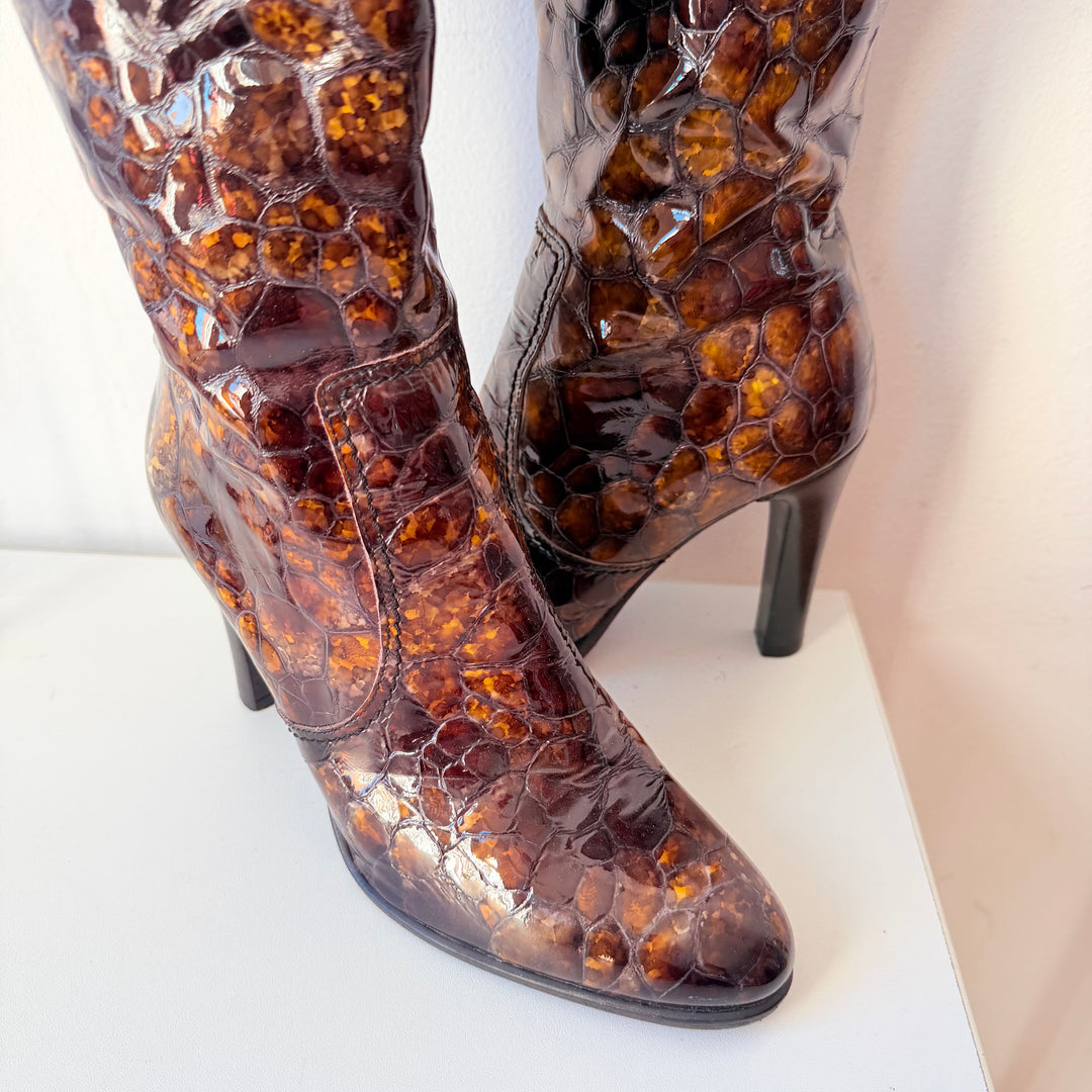 Angela Falconi Faux Patent Croc Knee Boots Size 38
