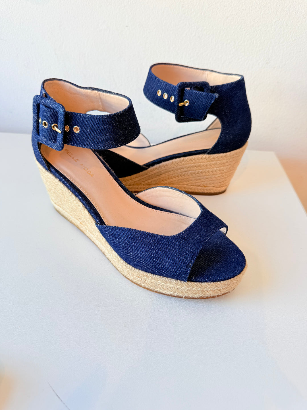 Pelle Moda Blue Jean Espadrille Wedge Ankle Strap Sandals Size 8