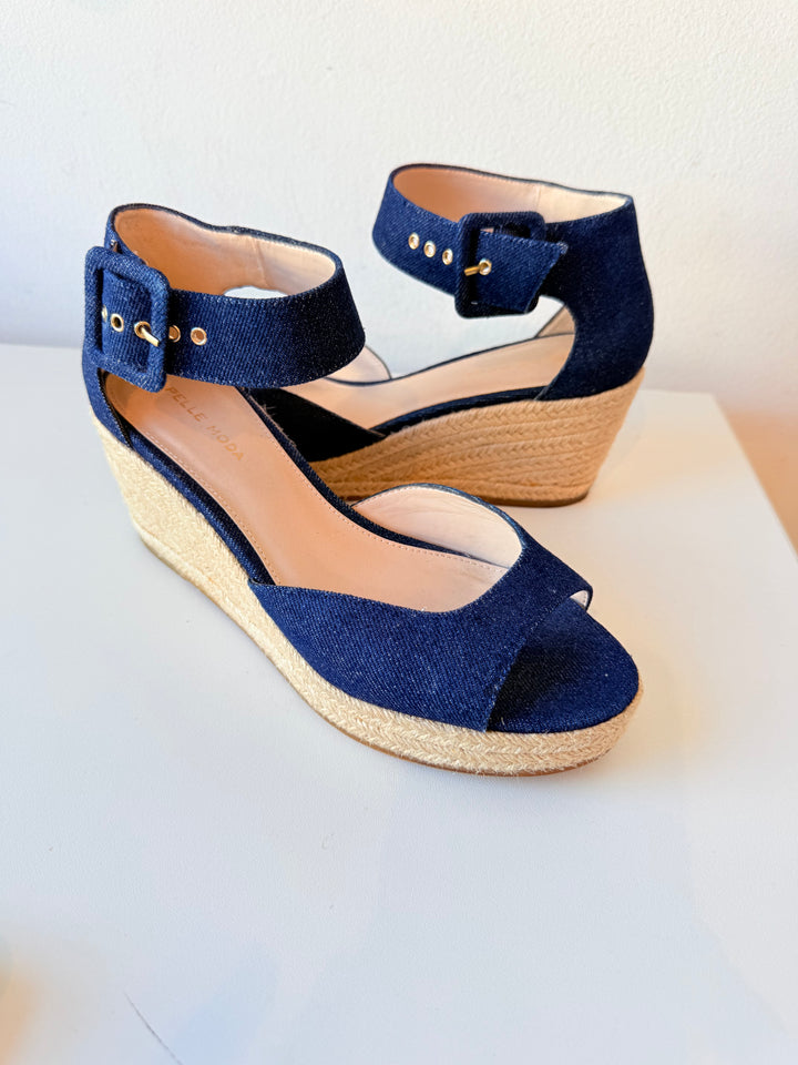Pelle Moda Blue Jean Espadrille Wedge Ankle Strap Sandals Size 8
