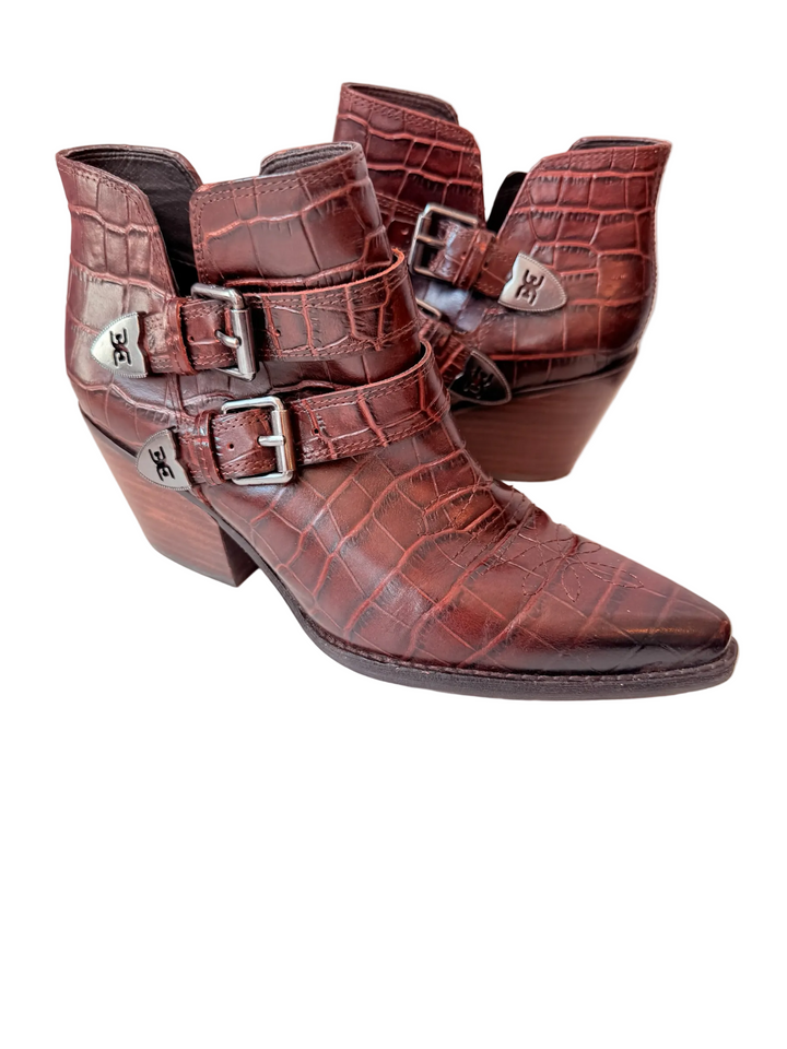 Sam Edelman Windsor Double Buckle Brown Croc Leather Embossed Booties Size 6.5