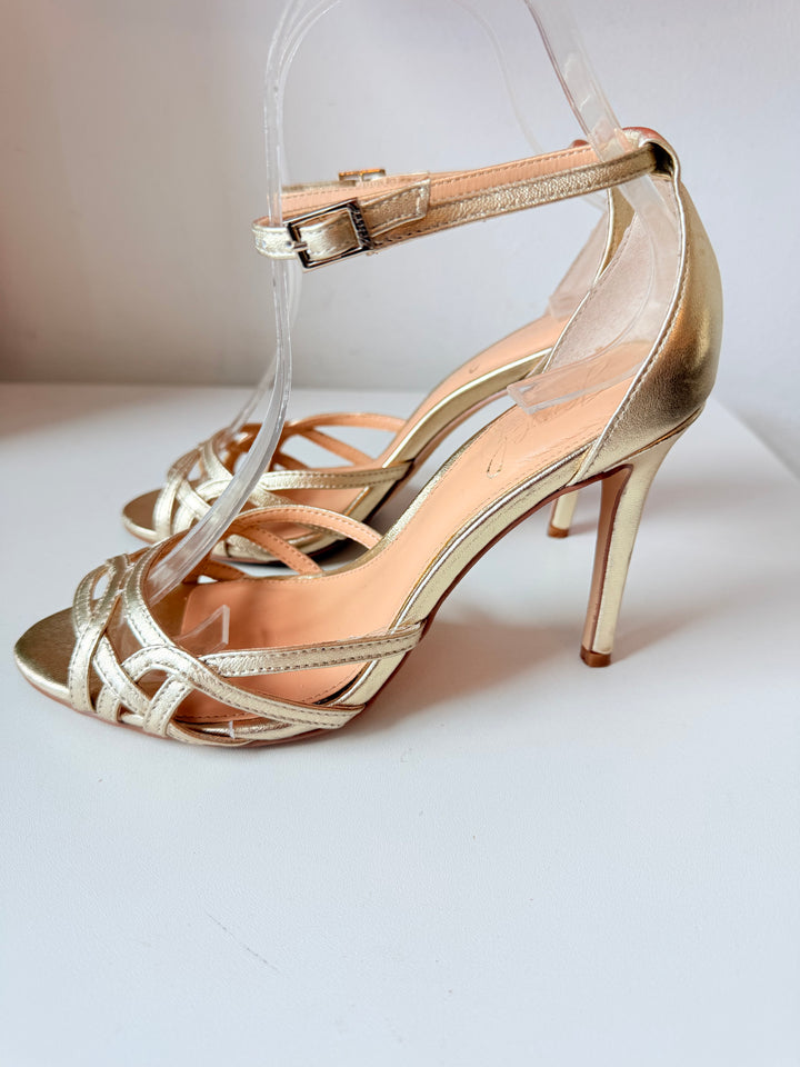Jewel By Badgley Mischka Haskell II Gold Metallic Ankle Strap Heeled Sandals Size 6.5
