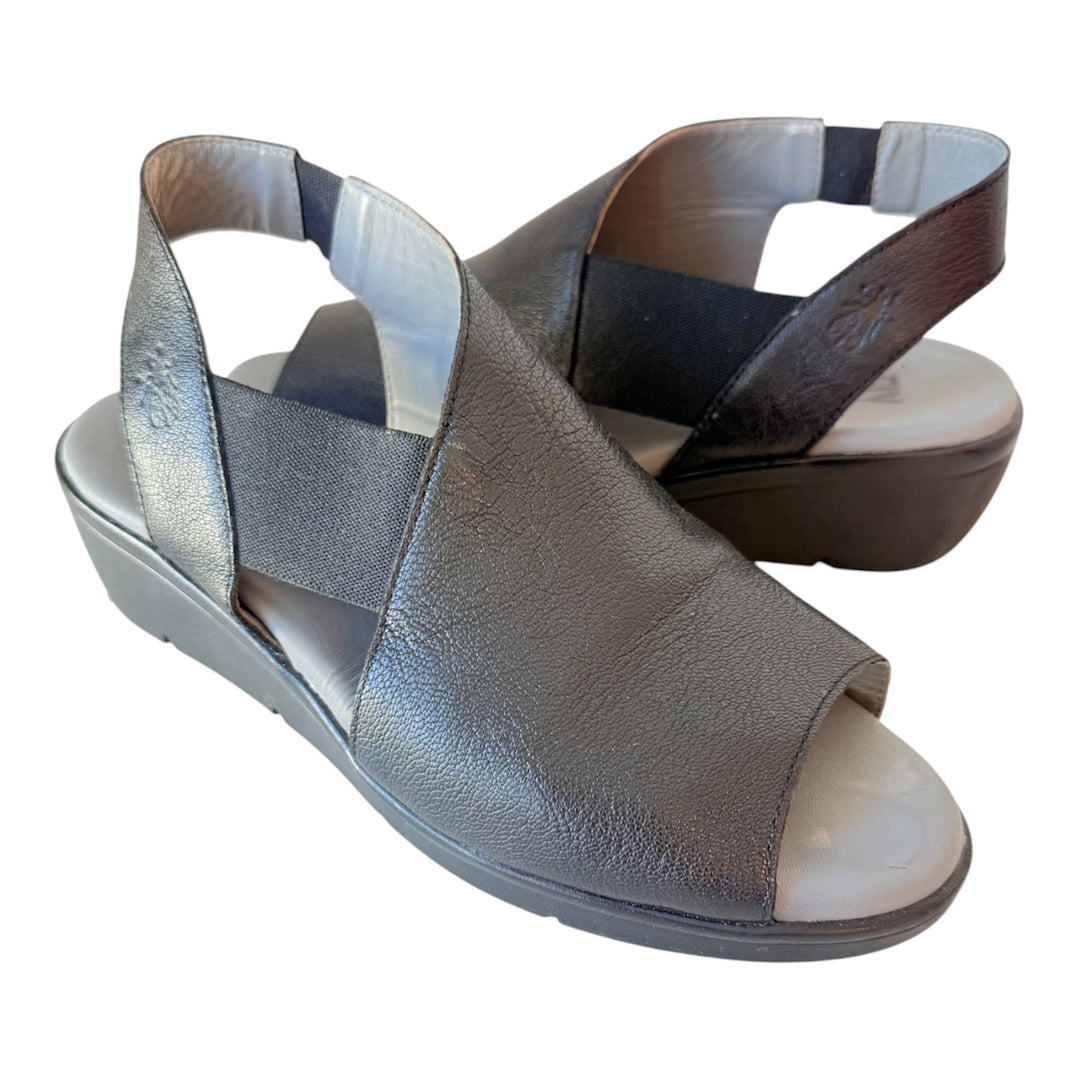 Fly London Nily Wedge Black Leather Sandals Size 39