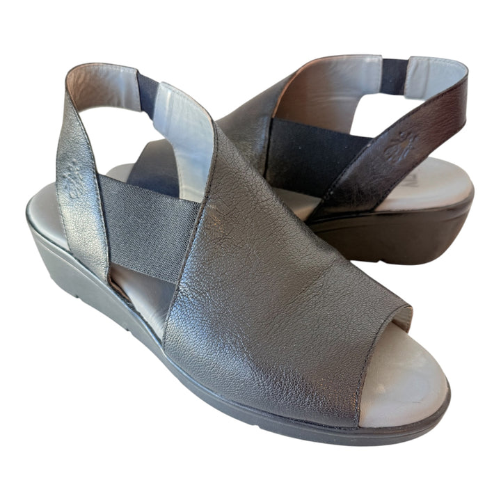 Fly London Nily Wedge Black Leather Sandals Size 39