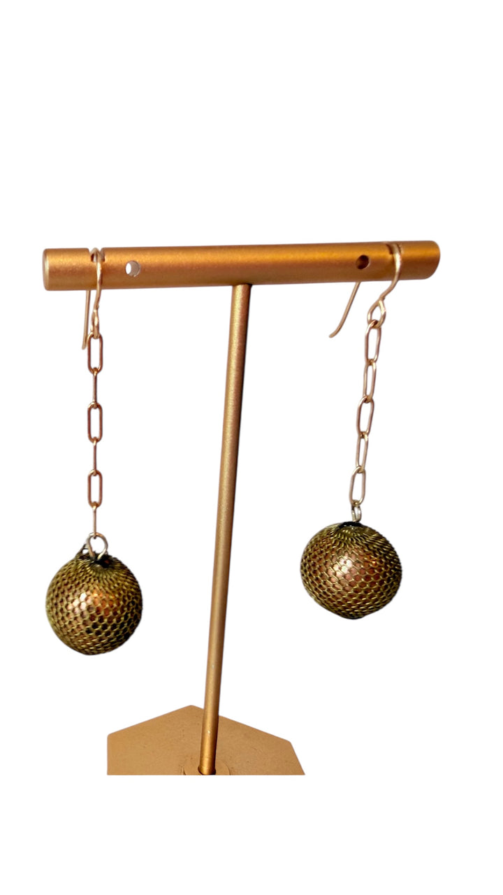 Gold Ball & Chain Mesh Drop Pierced Earrings