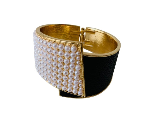 Pearl & Leather Cuff Hinged Bracelet