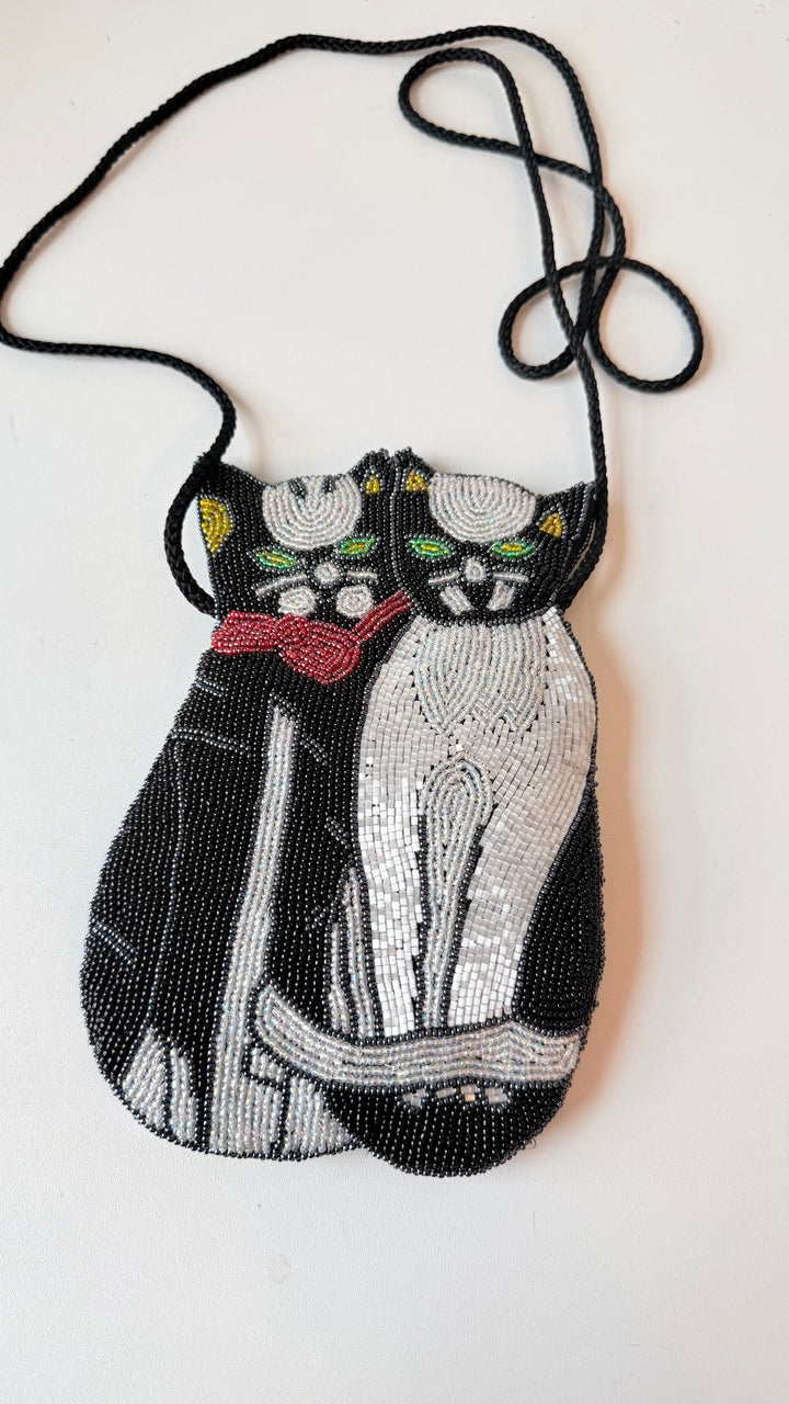 Vintage Lee Sands Hand Beaded Dual Cat Crossbody Handbag