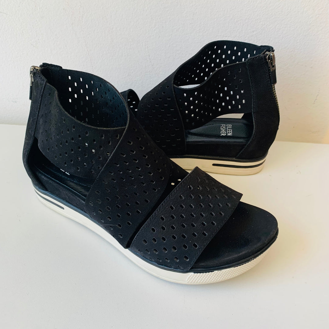 Eileen Fisher Sport Tumbled Leather Perforated Nubuck Sneaker Sandals Size 7.5