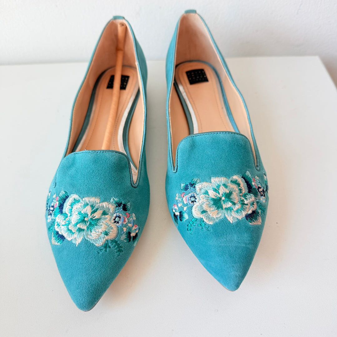 White House Black Market Ava Mineral Green Embroidered Flats Size 8 New In Box