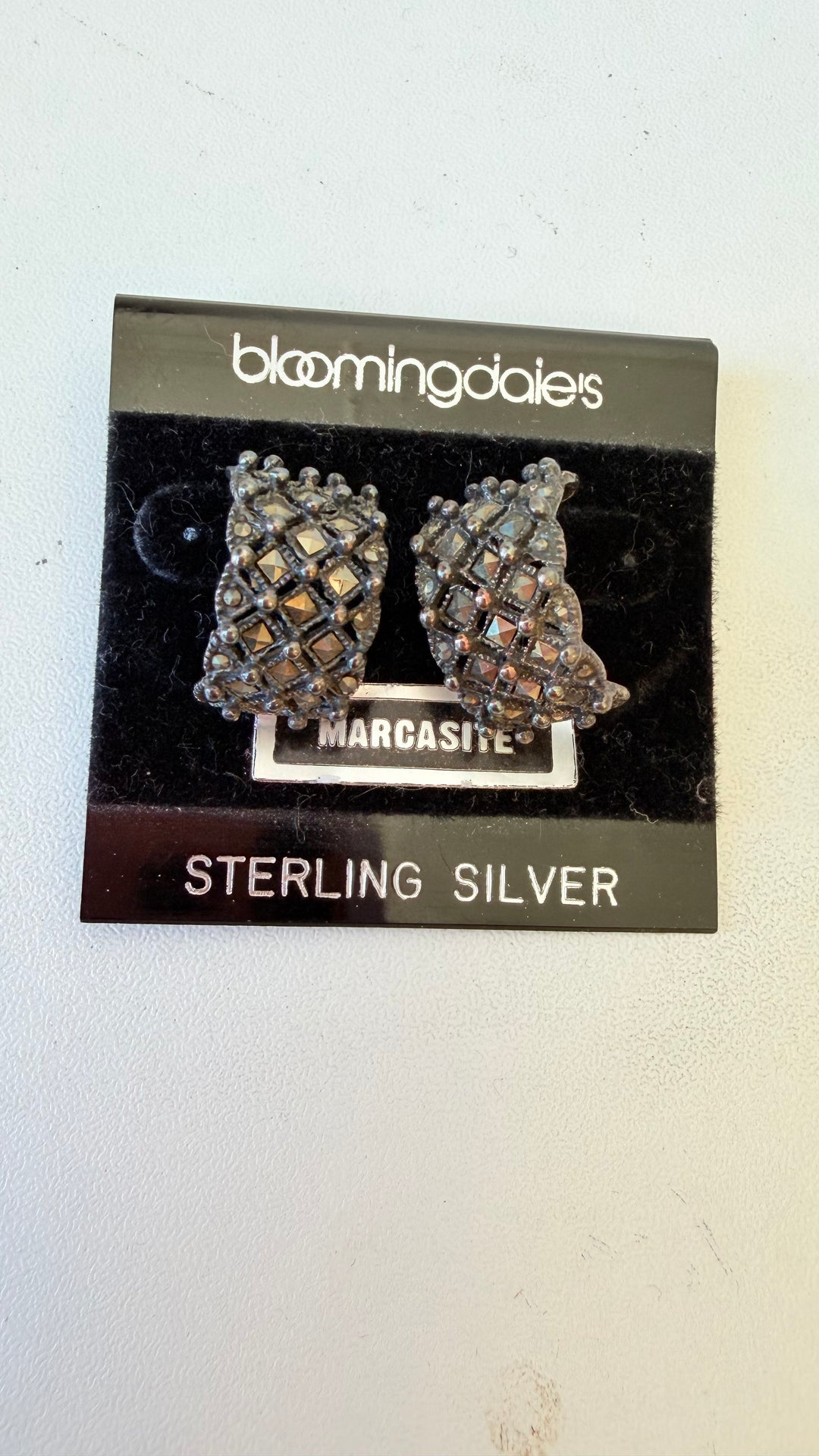 Bloomingdale’s Sterling Silver Marcasite Half Hoop Pierced Earrings NWT