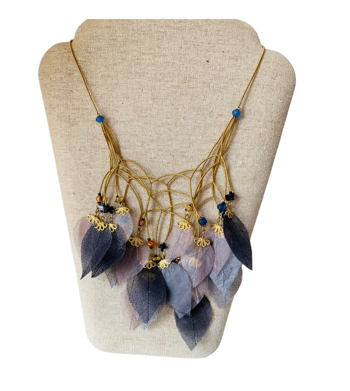 Blue Feather Statement Necklace in Gold Tone