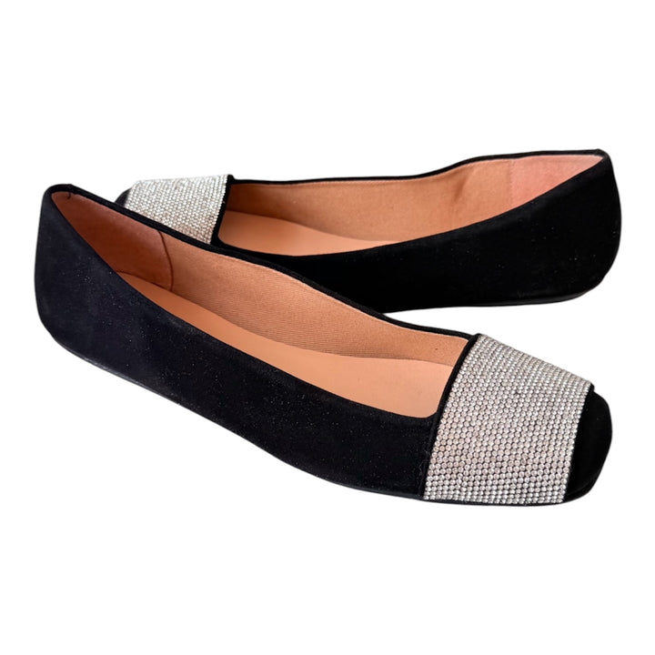 French Sole Via FS/NY Black Rhinestone Square Toe Ballet Flats Size Women’s 7