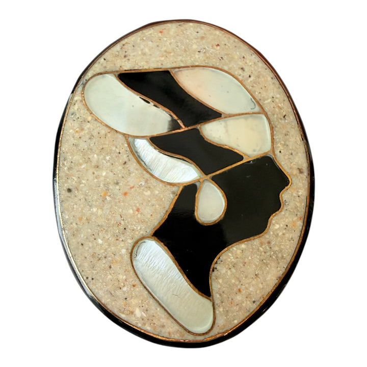 Vintage Lee Sands Art Deco Female Side Brooch in Mother of Pearl & Abalone Set In Resin