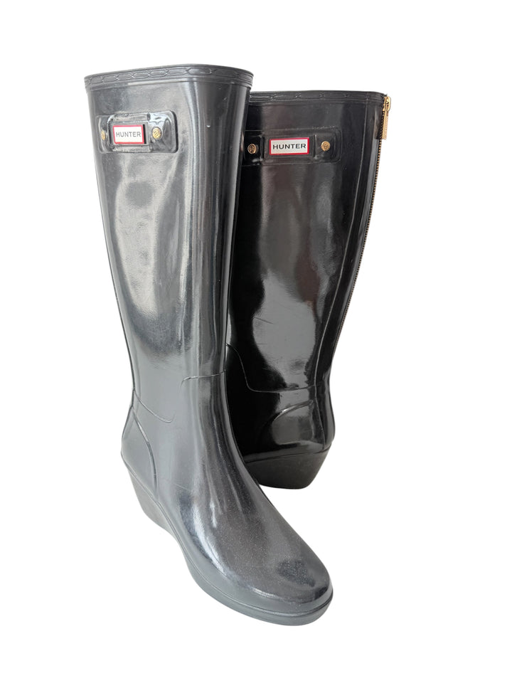 Hunter Black Moss Tall Wedge Boots Size 7
