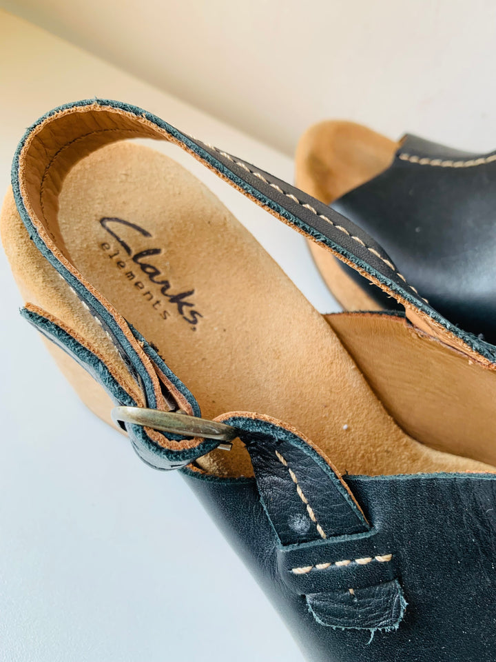 Clark’s Elements Black Leather and Cork Platform Sandals Size 8